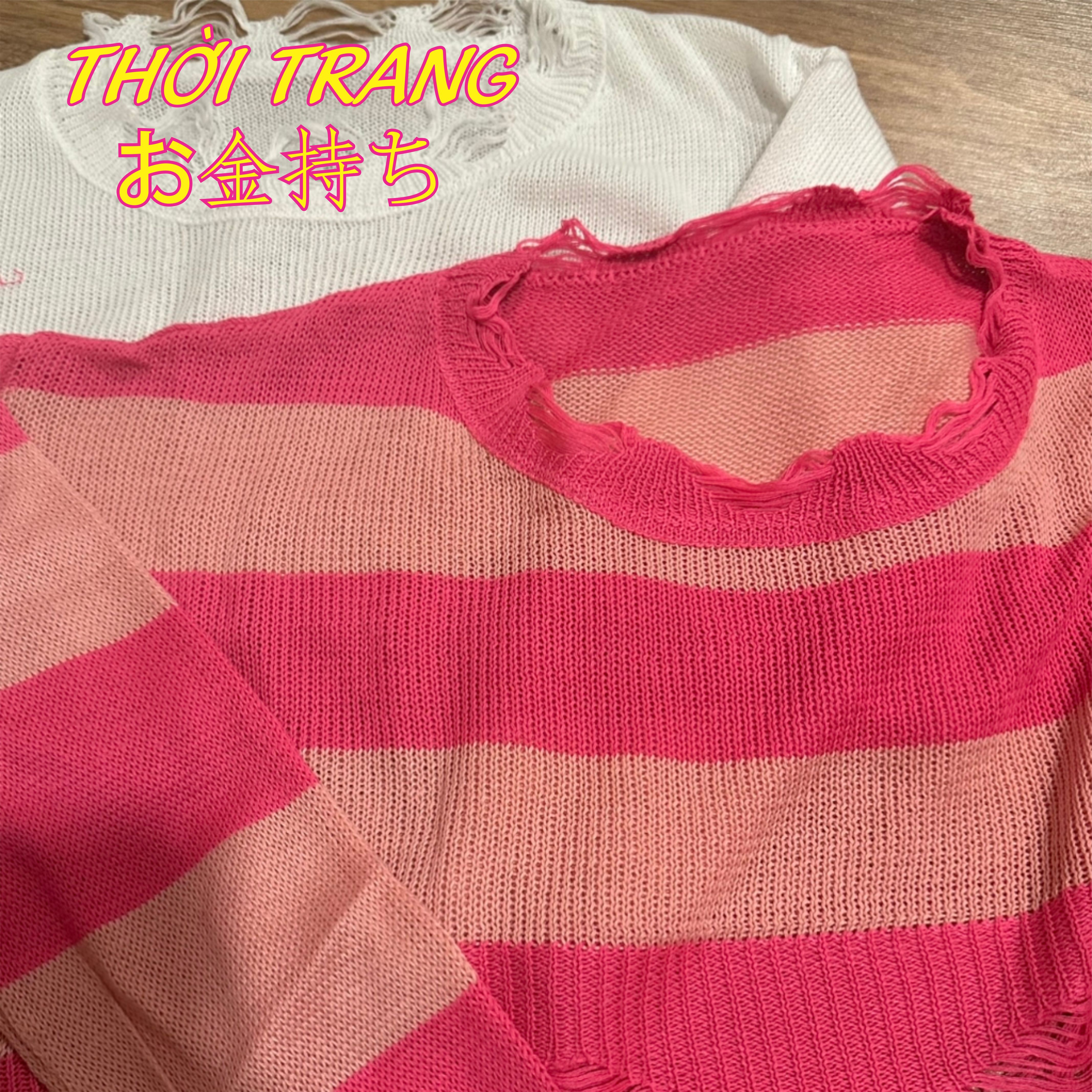 Áo len nữ Montoghi dệt kim mỏng KIỂU RÁCH CROPTOP kẻ sọc phong cách cá tính 170