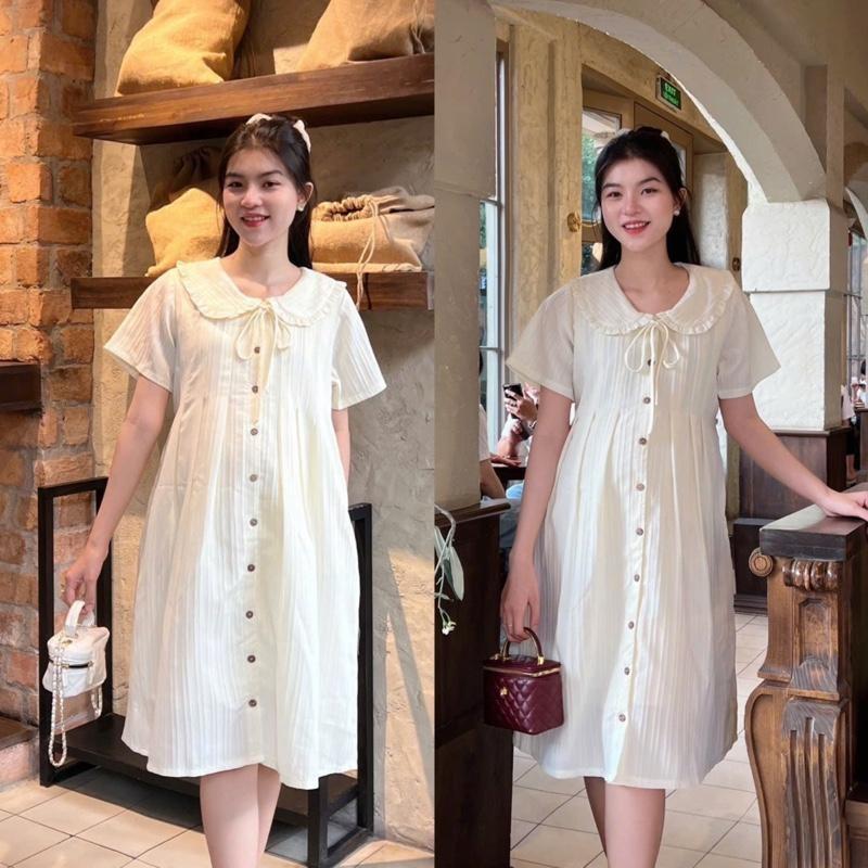 Đầm Bầu Đũi Gân Phom Suông Cổ Sen Bèo Phối Nút Váy Bầu Dễ Thương, Nhẹ Mát Size M L - Kem