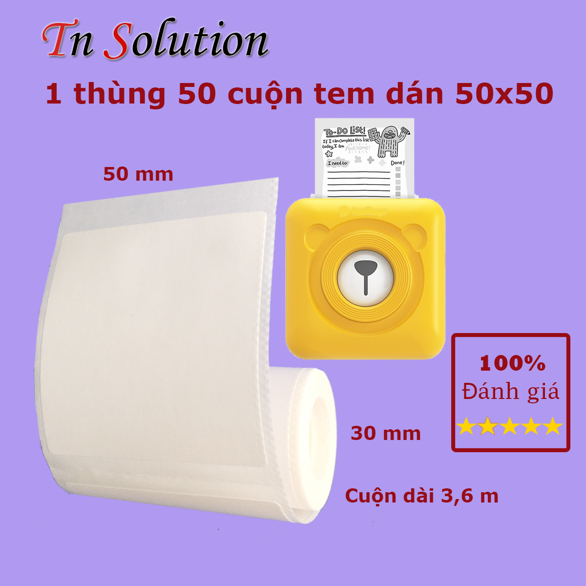 1 thùng 50 cuộn giấy in nhiệt, tem dán K57 kích thước 50x50 mm dành cho dòng máy in mini, máy in bluetooth Peripage, Paperang