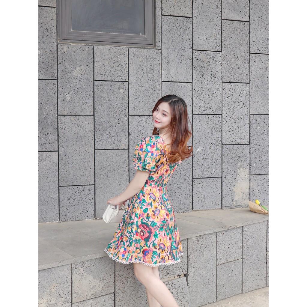 ĐẦM DỰ TIỆC HOA NHÍ LỤA TRƯỢT CỔ VUÔNG TAY LỠ PHỒNG DÁNG XÒE VIỀN REN-hình thật shop chụp