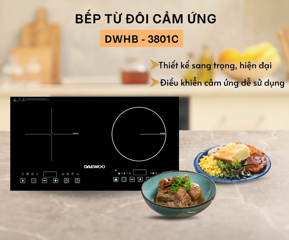 Bếp Đôi Điện Từ Hồng Ngoại Daewoo DWHB-3801C, mặt kính pha lê bóng 3800W, phù hợp mọi loại nồi - Hàng chính hãng