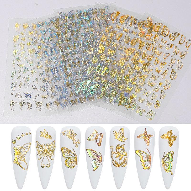 Sticker bướm nail 3D 60 đến 100 hình trên tấm, decal sticker dán móng bướm vàng bạc trang trí móng tay