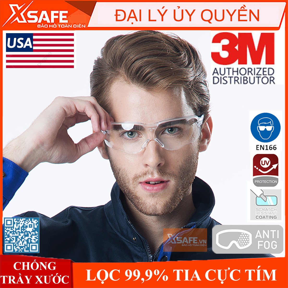 Kính bảo hộ lao động 3M V34 Kính chống bụi chống tia UV, bám hơi nước, chống trầy xước, dùng lao động, đi xe máy (màu trắng)