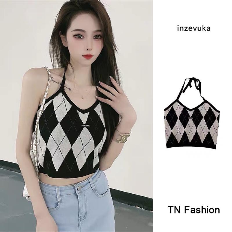 Áo yếm croptop dệt kim caro nữ - Áo ba lỗ len kiểu buộc dây cô tim dáng ngắn hàng đẹp thiết kế Quảng Châu cao cấp