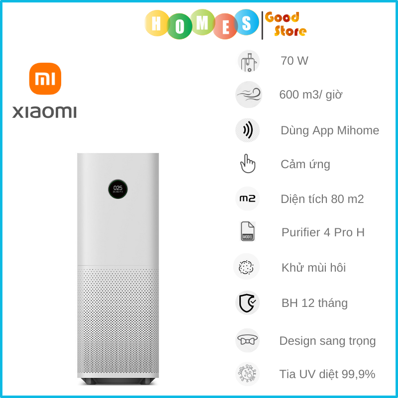 Máy Lọc Không Khí XIAOMI Mi Air Purifier Pro H, Khử Khuẩn UV, Khử Mùi Hôi, Kết Nối App, Phù Hợp Diện Tích 80m2, Công Suất 70W - Hàng Chính Hãng