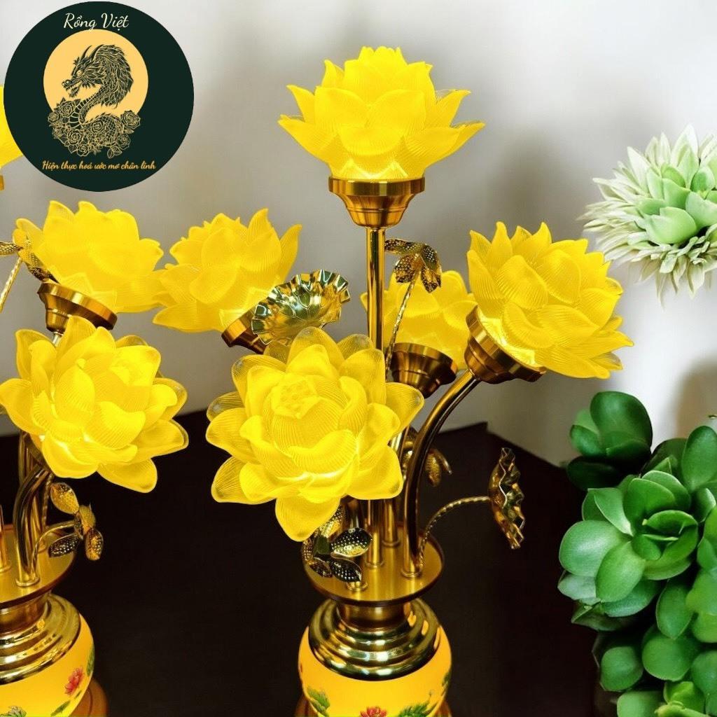 Cặp đèn thờ hoa sen lưu ly 5 bông cao cấp RỒNG VIỆT, Đèn thờ trang trí ánh sáng vàng