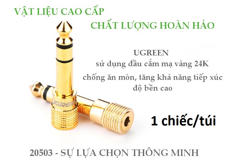 Đầu jack chuyển đổi âm thanh từ cổng 3.5mm cái sang cổng 6.5mm đực chính hãng UGREEN 20503 - Hàng chính hãng