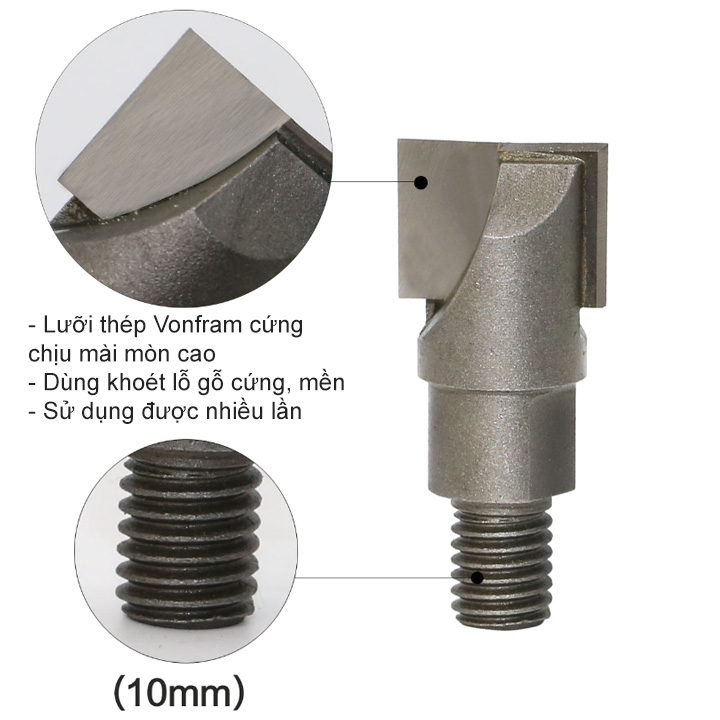 Đầu mũi phay khoét đục lỗ dung cho bộ khoét lỗ lắp ổ khóa cửa, lưỡi bằng Von-fram cứng, chịu mài mòn