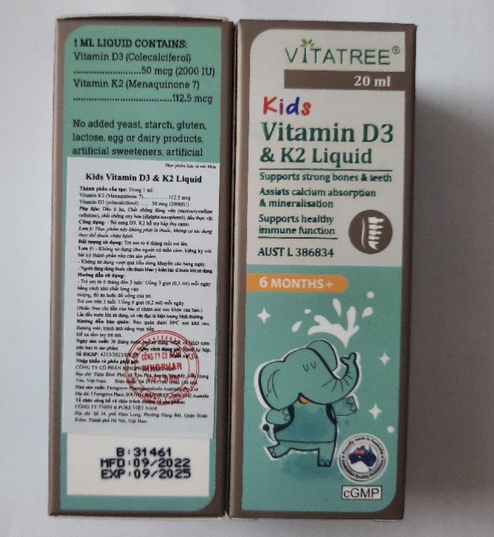 VITATREE Kids Vitamin D3 & K2 Liquid - Lọ 20ml, nhập khẩu Úc