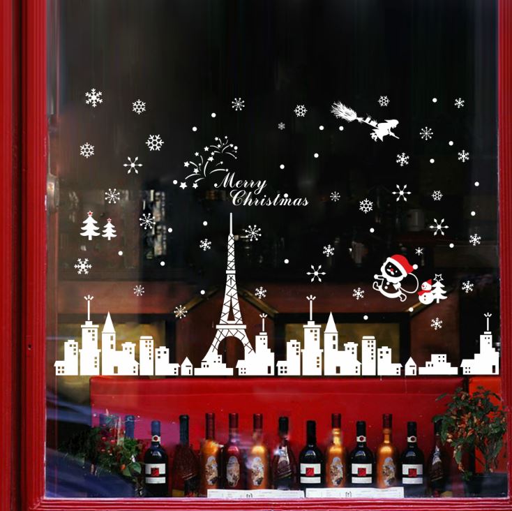 Decal Dán Kính Trang Trí Noel YJ6 Decal Giáng Sinh Decal Noel Bông Hoa Tuyết Ông Già Noel Phố Đêm Paris