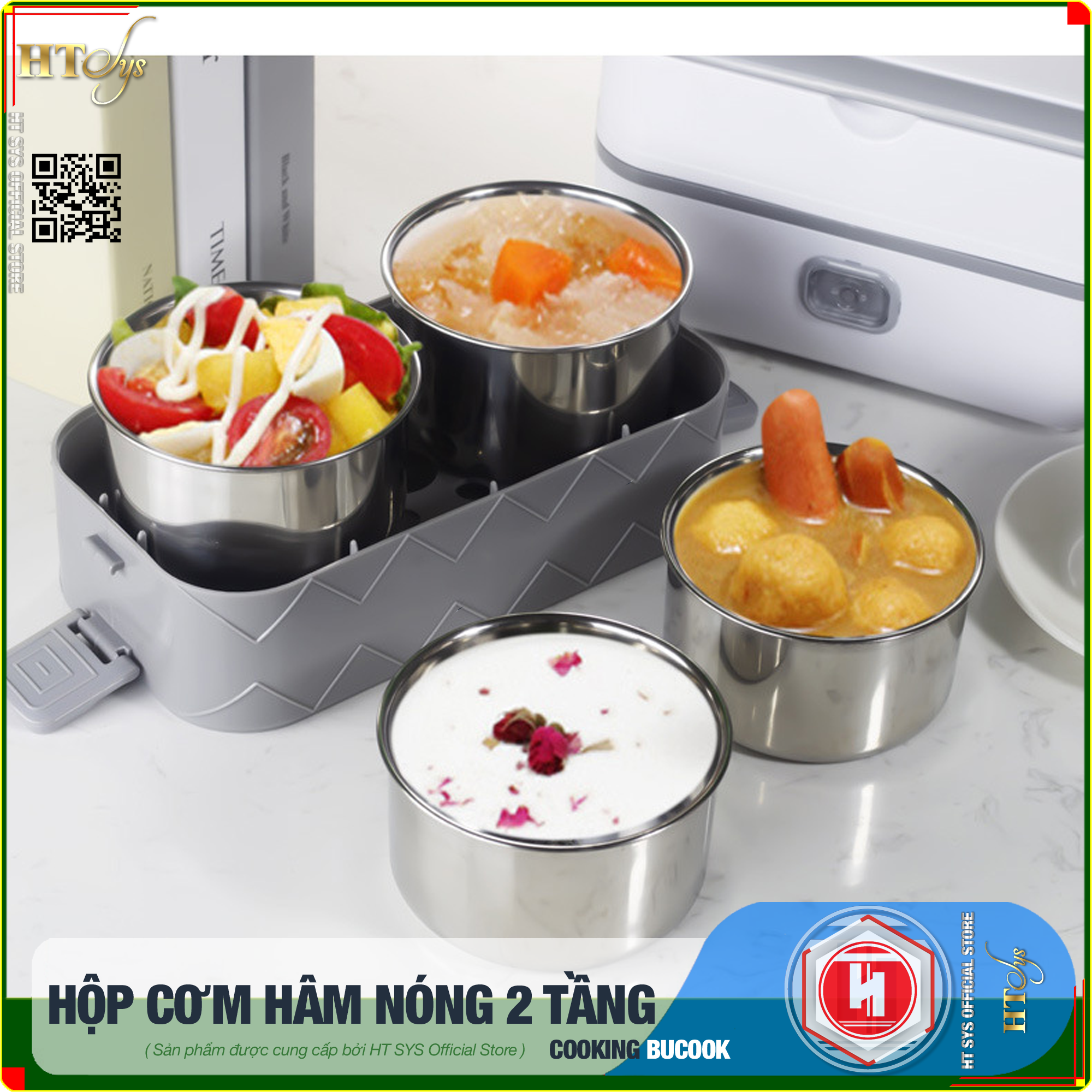 Hộp cơm hâm nóng cắm điện HT SYS - BUCOOK DFH C02 - 2 Lít 2 Tầng 4 Ngăn Có Thể Nấu Và Hâm Nóng Thức Ăn, Ruột Bằng Inox 304