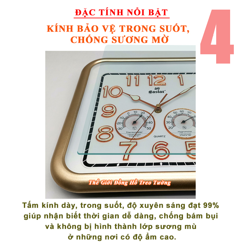 Đồng Hồ Treo Tường Cao Cấp KIM TRÔI EASTAR SỐ NỔI 3D có DẠ QUANG và NHIỆT ẨM KẾ CƠ (Không Dùng Pin) - Hình Vuông Mặt Đen - Tặng Pin AA - Bảo Hành 1 Năm