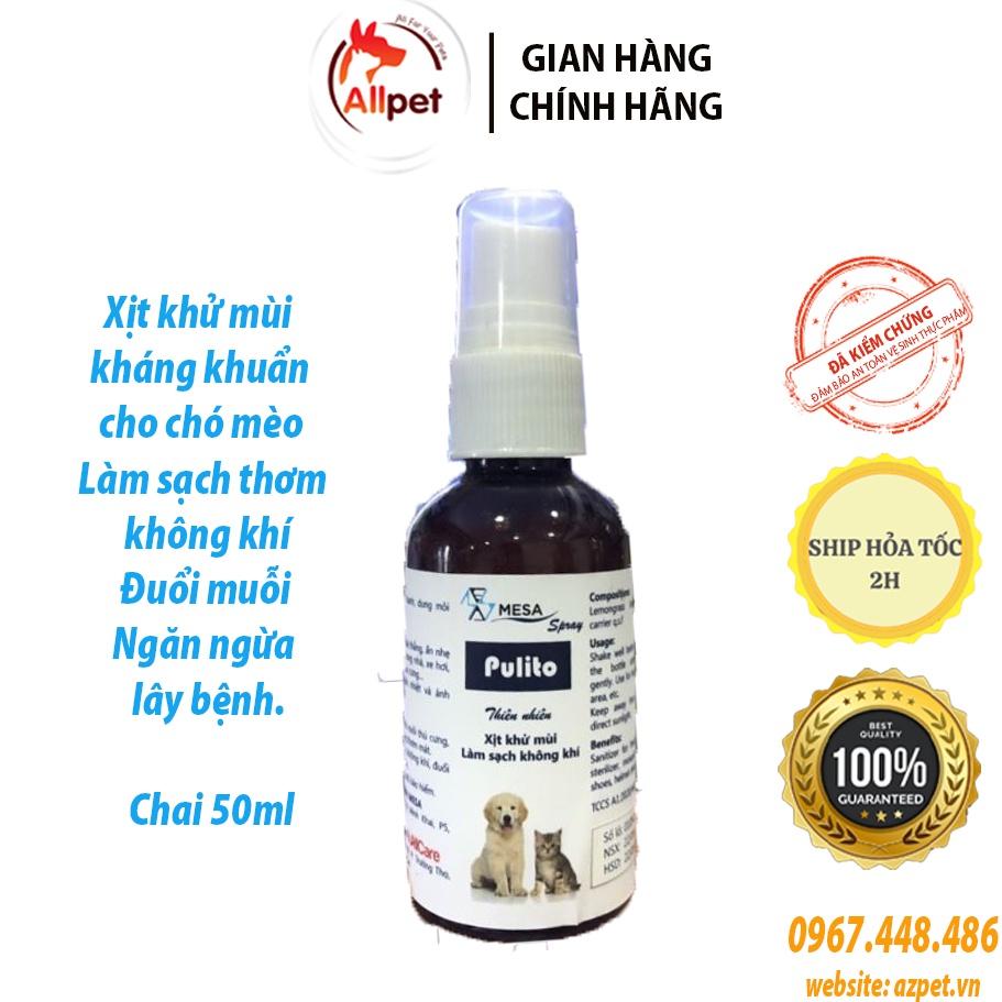 Xịt Khử Mùi kháng khuẩn cho chó mèo Pulito. Xịt khử mùi làm sạch thơm không khí cho chó mèo. Chai 50ml