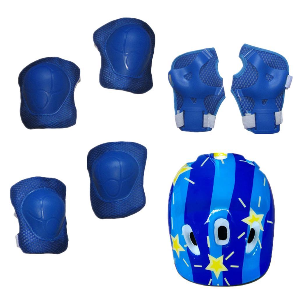 Set of 7 Pcs Kids Adult Roller Skating Helmet Knee Wrist Guard Elbow Pad Blue
