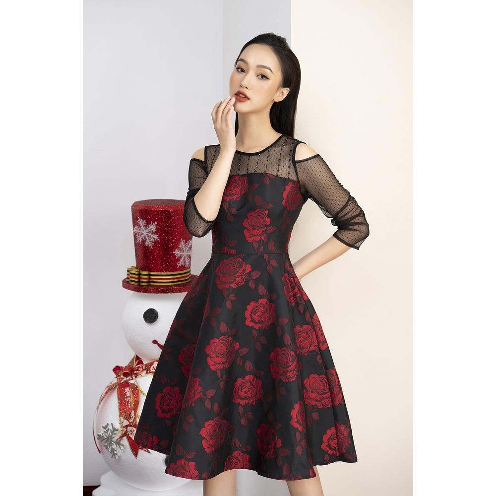 Đầm Nữ LUPERI LFV3122 Dáng Xòe Chất Liệu Tap ta họa tiết hoa hồng phối tay lưới đính đá