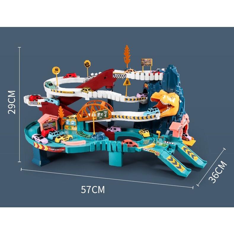 Đường hầm khủng long lắp ráp kèm nhiều ô tô chạy tự động, đồ chơi sáng tạo có nhạc đèn vui nhộn trẻ em