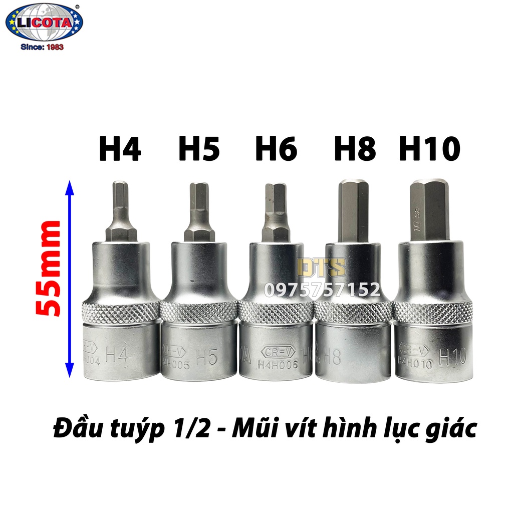 Đầu khẩu 1/2 ra đầu lục giác Licota, đầu tuýp lục giác thép S2 siêu cứng 4-10mm, đầu khẩu lục giác 1/2 inch cao cấp