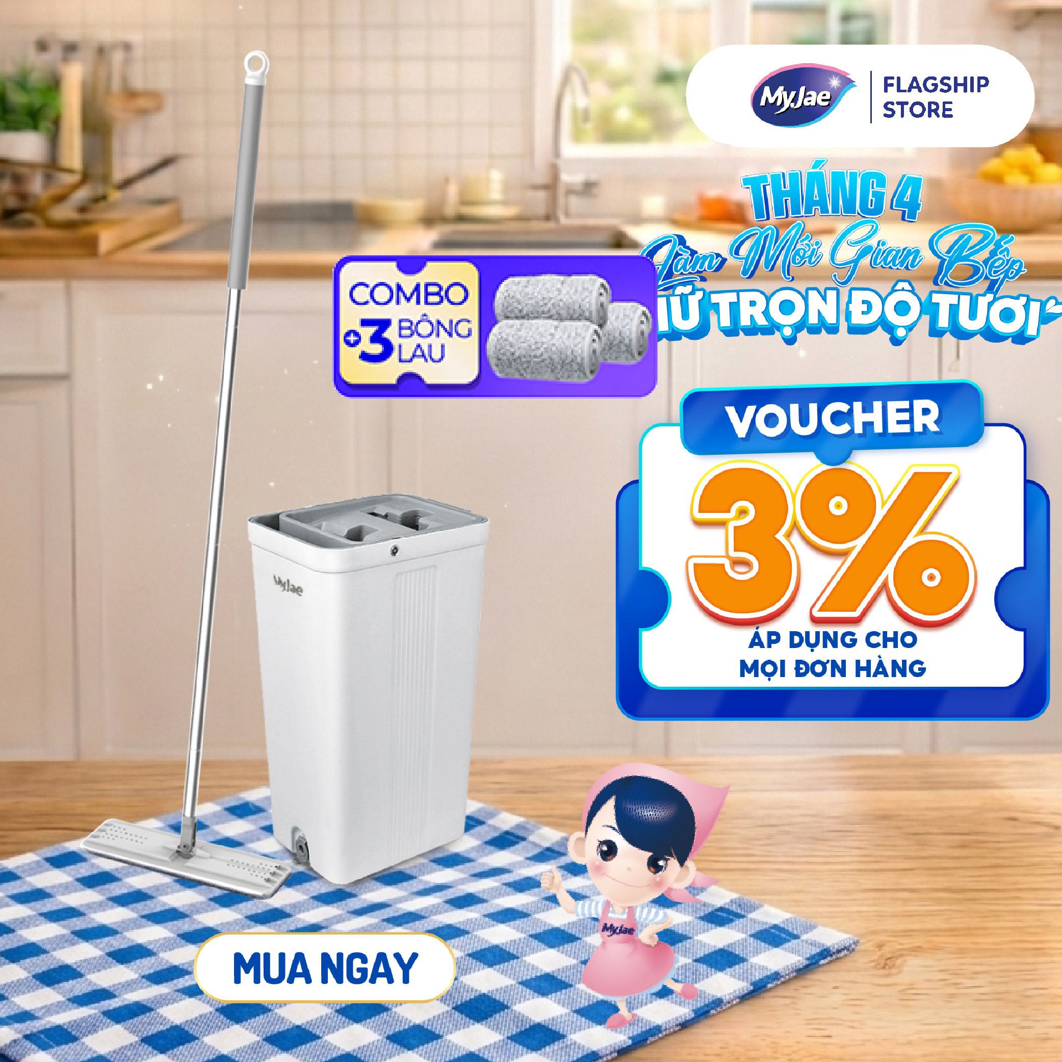 Combo 3 Bông Lau  1 Bộ Lau Nhà MyJae Đài Loan Sợi Microfiber 2 Ngăn Tự Vắt Xoay 360 Độ Thông Minh 123cm