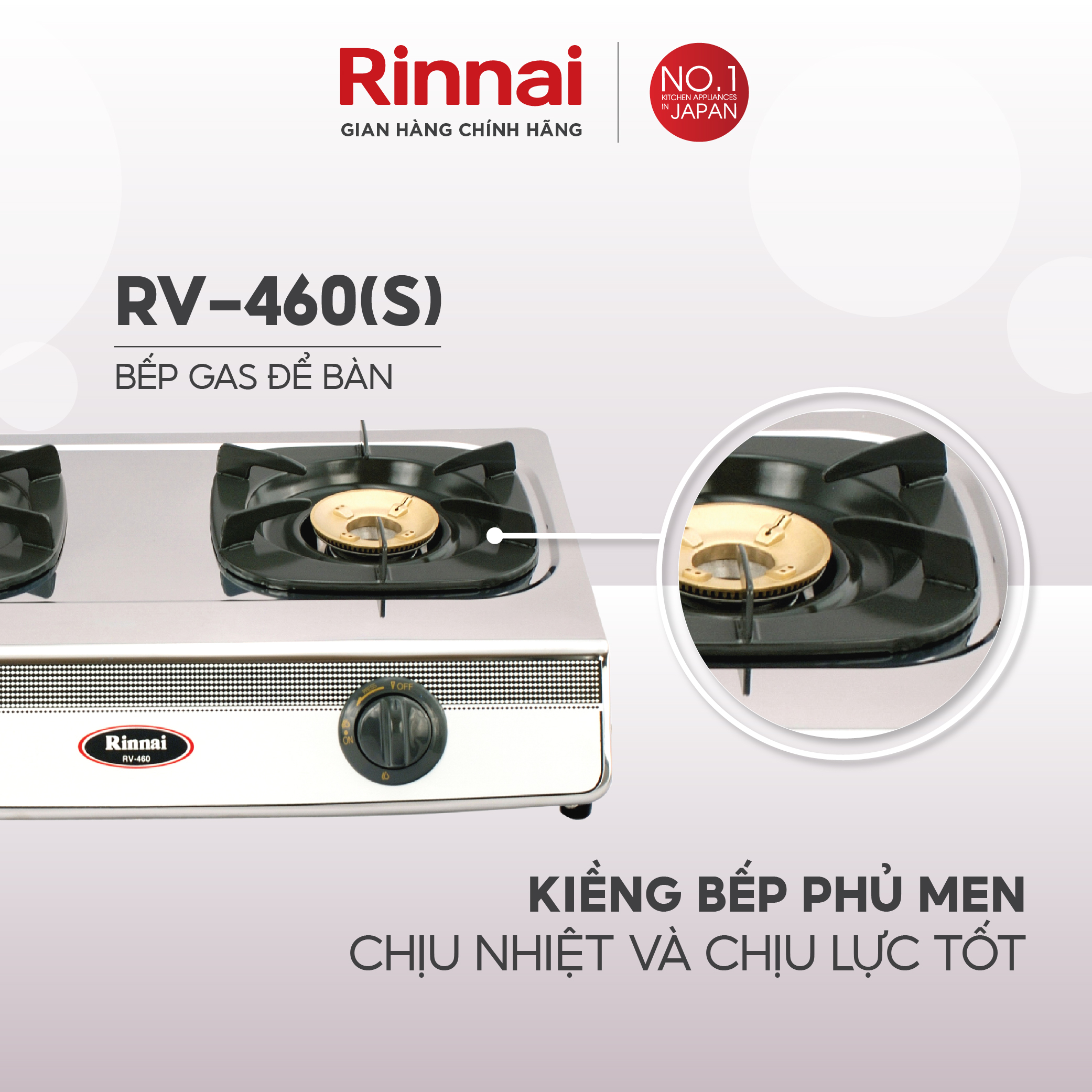 Bếp gas dương Rinnai RV-460(S) mặt bếp inox và kiềng bếp men - Hàng chính hãng.