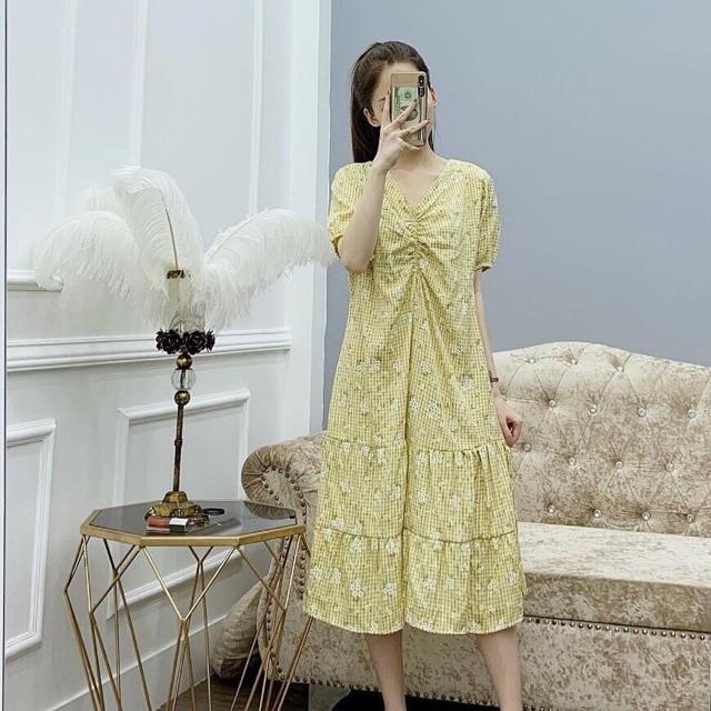 Đầm hoa dáng dài dúm ngực xếp tầng đuôi cá sang chảnh
