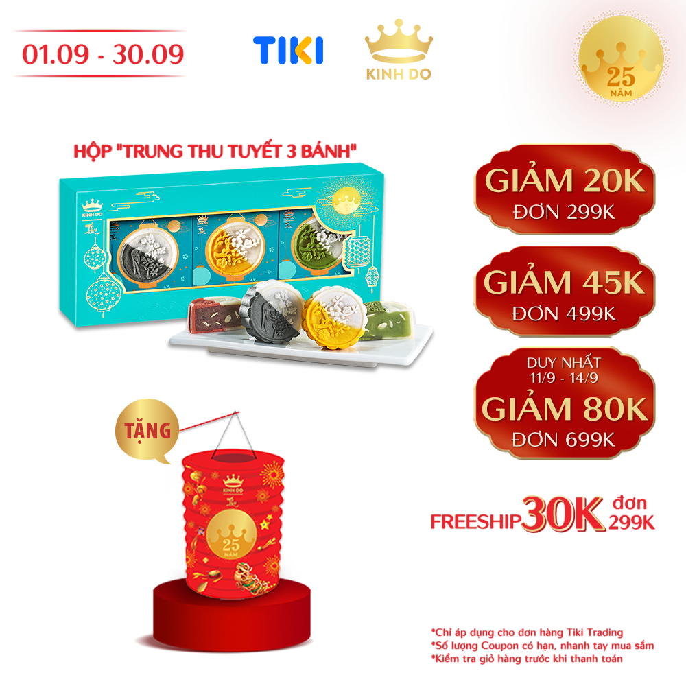 Hộp bánh trung thu Kinh Đô - Bánh Tuyết 3 bánh 80gr + Tặng lồng đèn đỏ