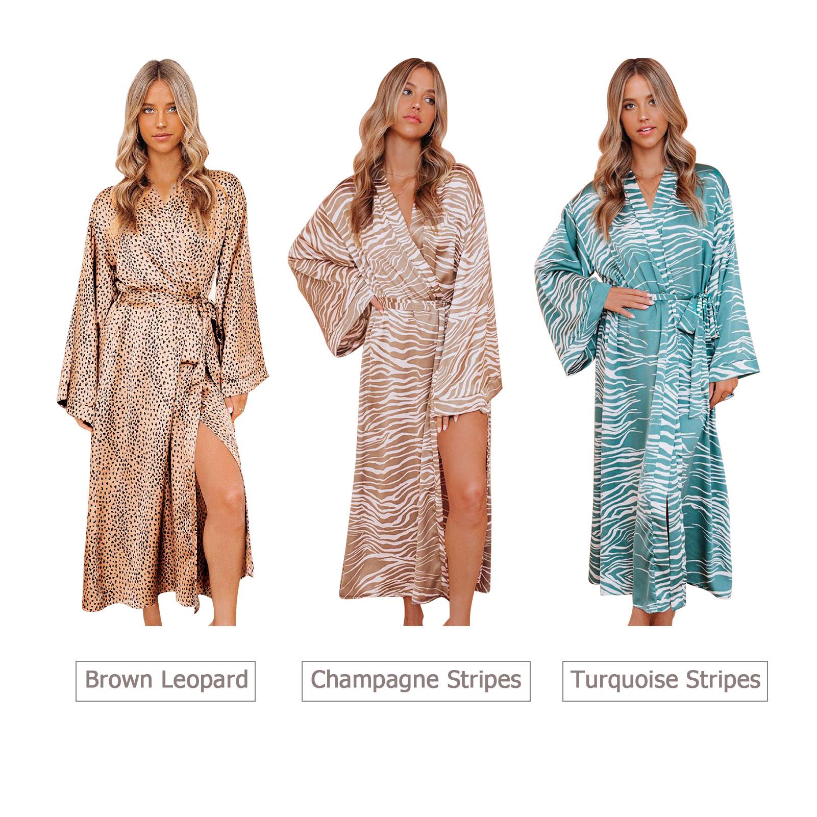 Women Night Robe Long Satin Printed Kimono V-neck Long Sleeve Pajamas Sleepwear Bathrobe