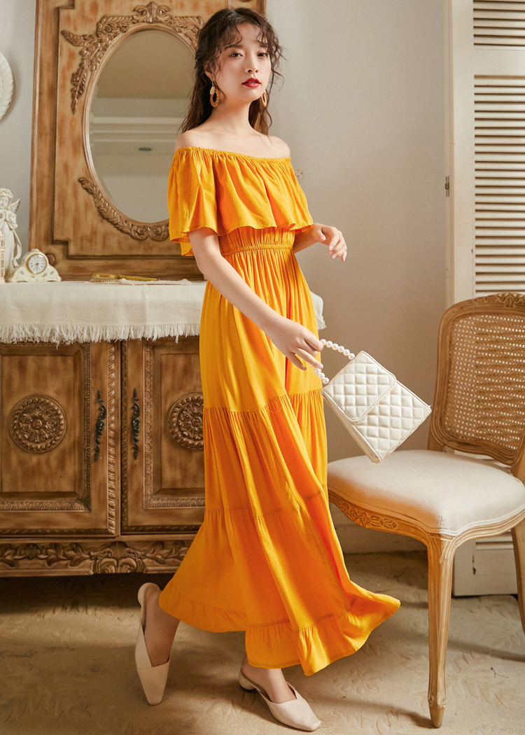 Đầm maxi trần vai tay bèo rộng, chất cotton mềm mại, thoáng mát, dáng dài dễ mặc, bầu bí có thể mặc | MX060