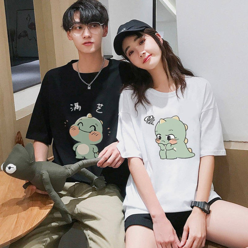 Áo Đôi Nam Nữ TT04, Áo Đôi Phông Rộng In Khủng Long Xanh ý Nghĩa, Vải Cotton Thun Thoáng Mát