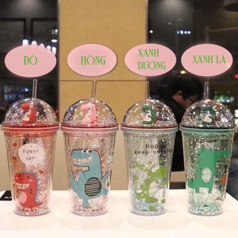 Ly Giữ Nhiệt Khủng Long 3D 380ml Kim Tuyến Nhiều Màu Sắc Dễ Thương Cute - Kèm Ống Hút