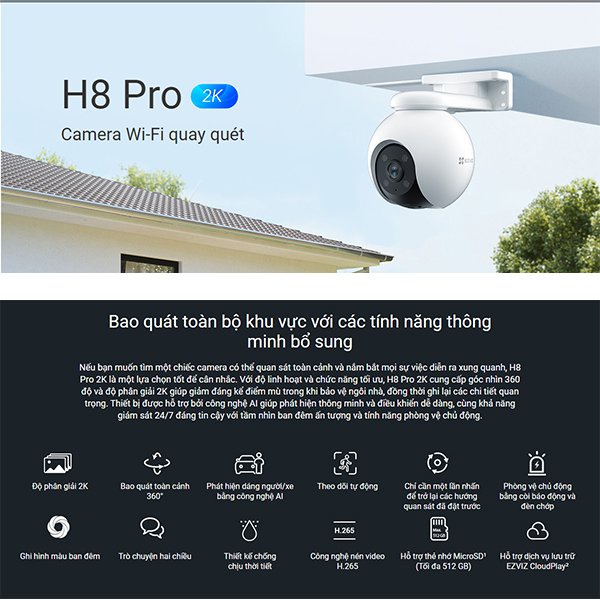 Camera Wi-fi EZVIZ H8 PRO 2K & 3K, Quay Quét 360 Độ Ngoài Trời, Ghi Hình Màu Ban Đêm, Đàm Thoại 2 Chiều - Hàng Chính Hãng