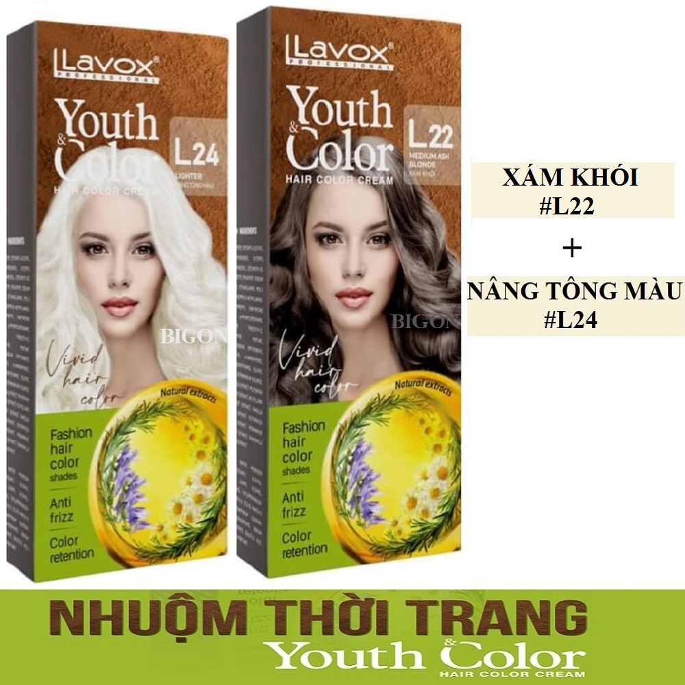 Xám Khói - Combo 2 Kem Nhuộm Tóc Màu Thời Trang Lavox Youth&amp;Color L22 Xám Khói + L24 Nâng Tông Màu (Sử Dụng Màu L24 Để Nâng Tông Màu Tóc Trước Khi Nhuộm Màu L22 Xám Khói)