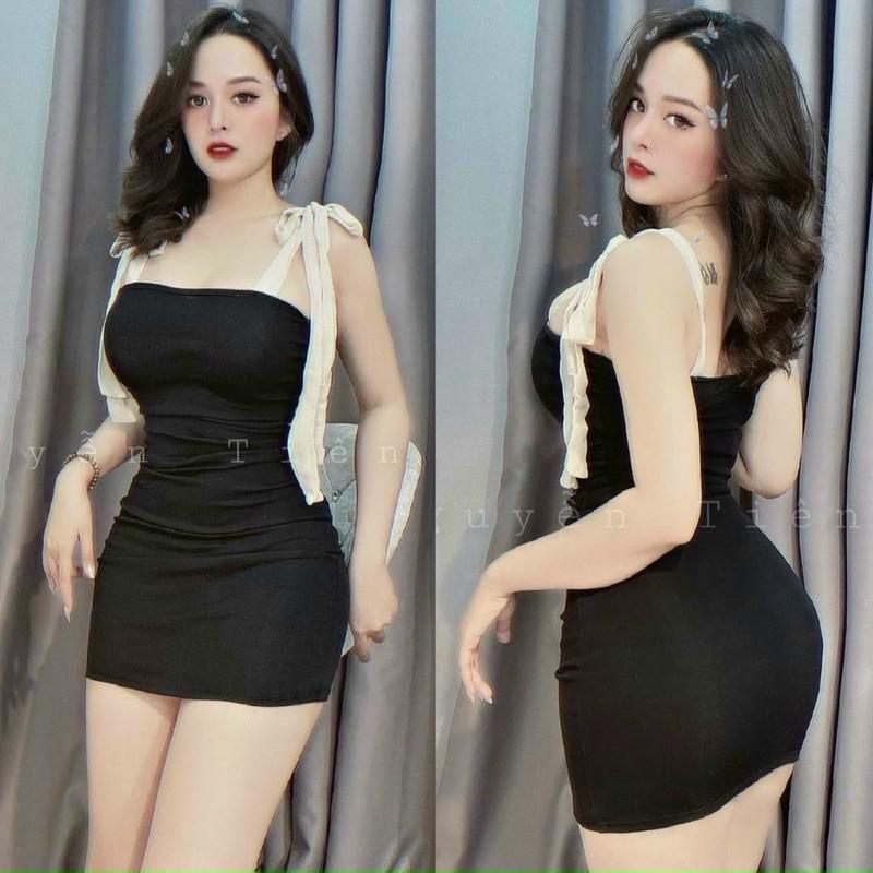 Đầm 2 dây cột nơ chất thun borip cao cấp -T