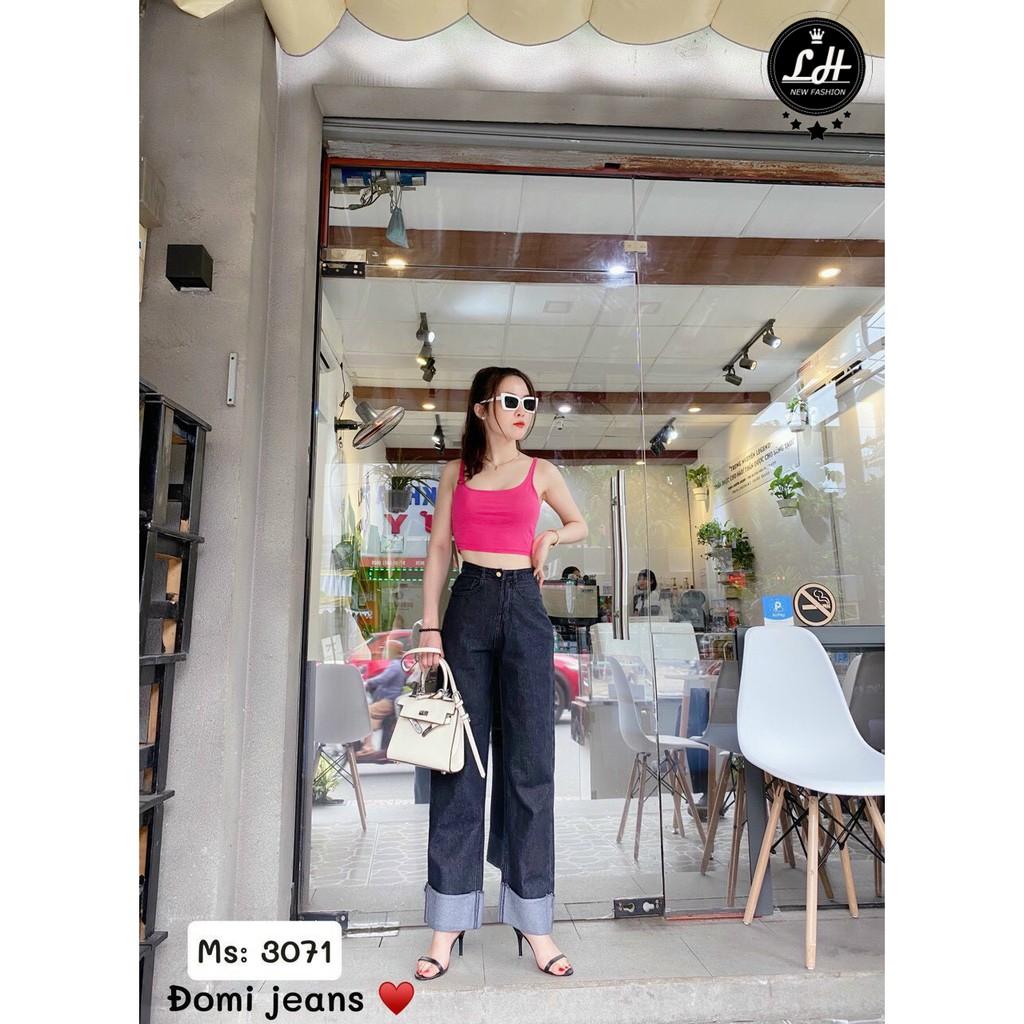 Quần bò ống rộng nữ lưng cao Ulzzang LH màu xám đen kiểu xắn gấu MS 3071