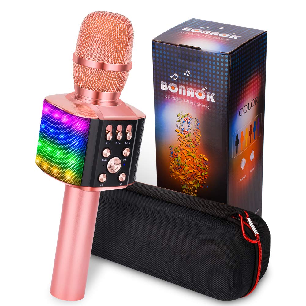 Microphone Karaoke Portable Bluetooth Không Dây Wireless Loa Speaker Đèn Led 4 in 1 cho Máy Hát Android IOS PC Tablet Bonaok - Hàng chính hãng