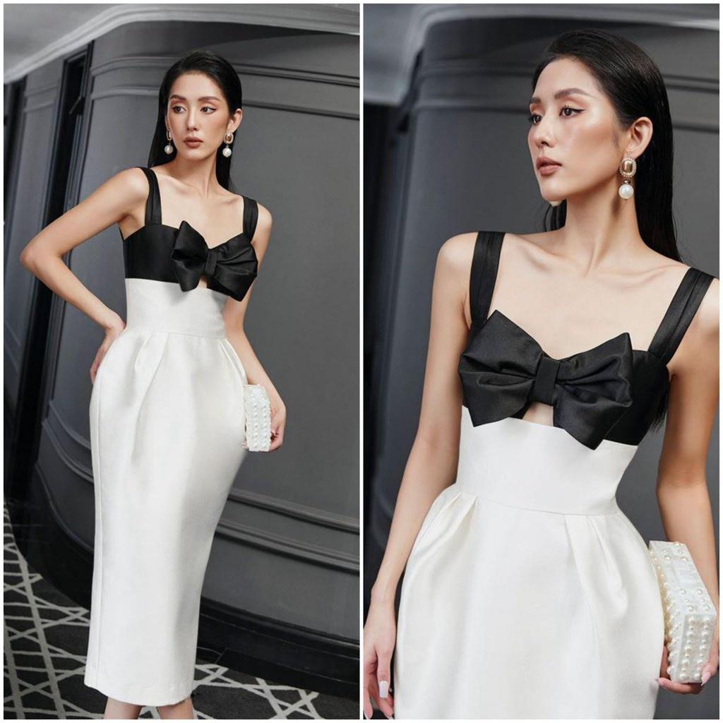 Đầm váy thiết kế tafta đứng form hai dây đính nơ khoét ngực trắng đen đi biển dự tiệc dạo phố bigsize gợi cảm sexy