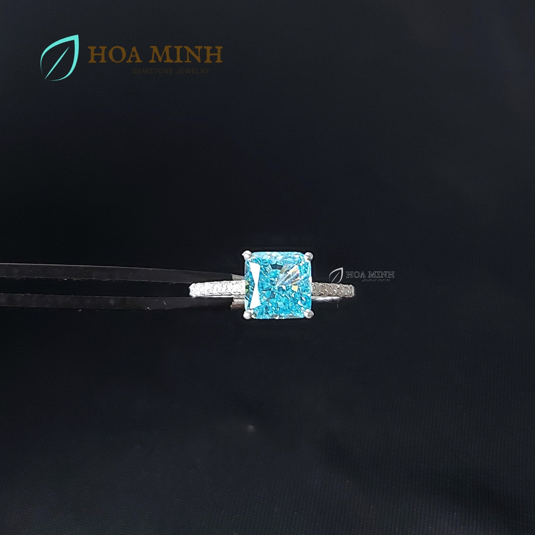 Nhẫn bạc nguyên chất bọc đá Nam Phi xanh Aqua vuông màu xanh aqua size 7 li đính tấm đẹp