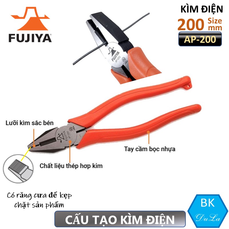 Kìm điện - kìm răng 8 inch/ 200mm Fujiya AP-200 Công Nghệ Nhật Bản- Kìm cắt dây thép dây đồng