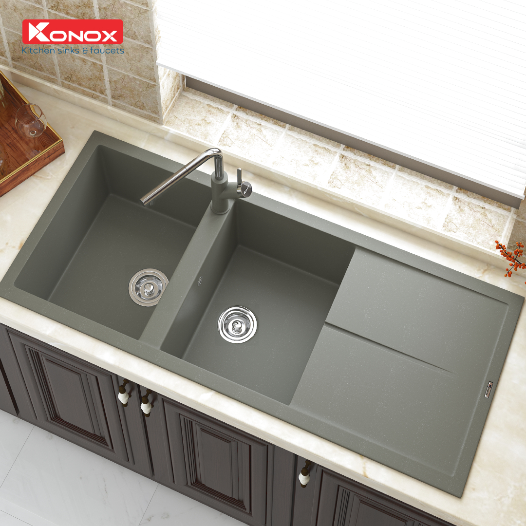 Chậu rửa bát Konox, Granite Series, Model Livello 1160, Full set gồm Siphon+Giá úp bat Made in Italy, 1160*500*200(mm), Hàng chính hãng