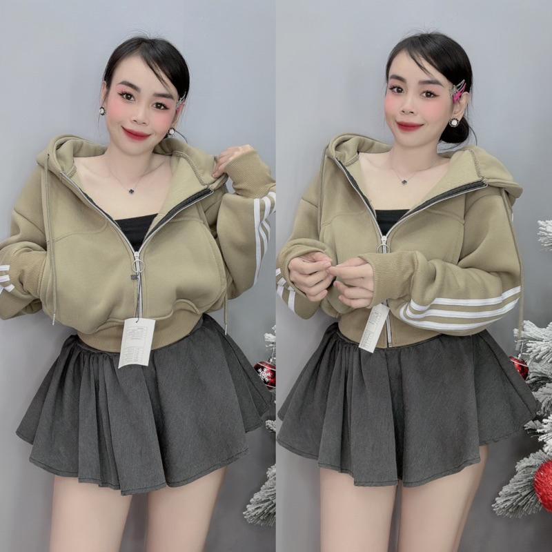 Áo khoác nữ chống nắng Croptop 3 Sọc Dáng Rộng Mũ To 3 sọc bao chất phối đẹp-A2116 - Xám Sọc Nón To