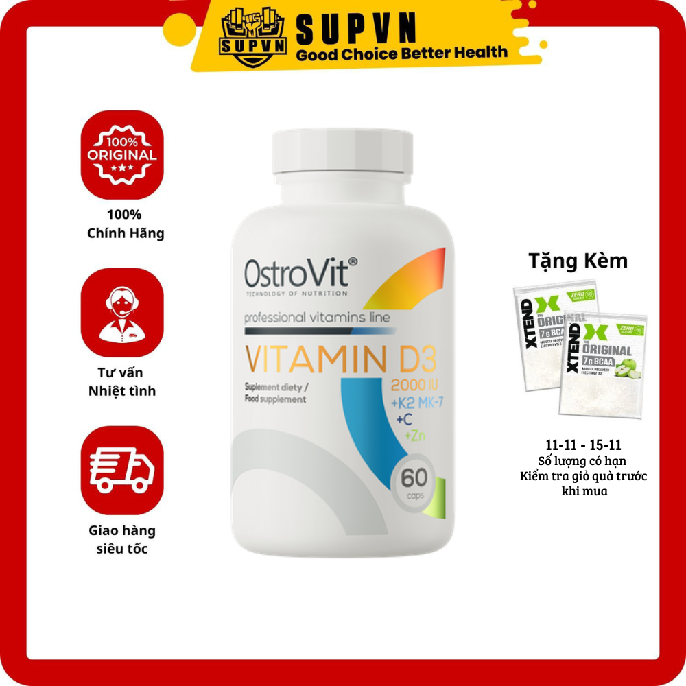 Ostrovit Vitamin D3 + K2 MK-7 + VC + Zinc (60 viên) - Hỗ trợ tăng cường sức đề kháng, bổ trợ xương khớp và sinh lý nam