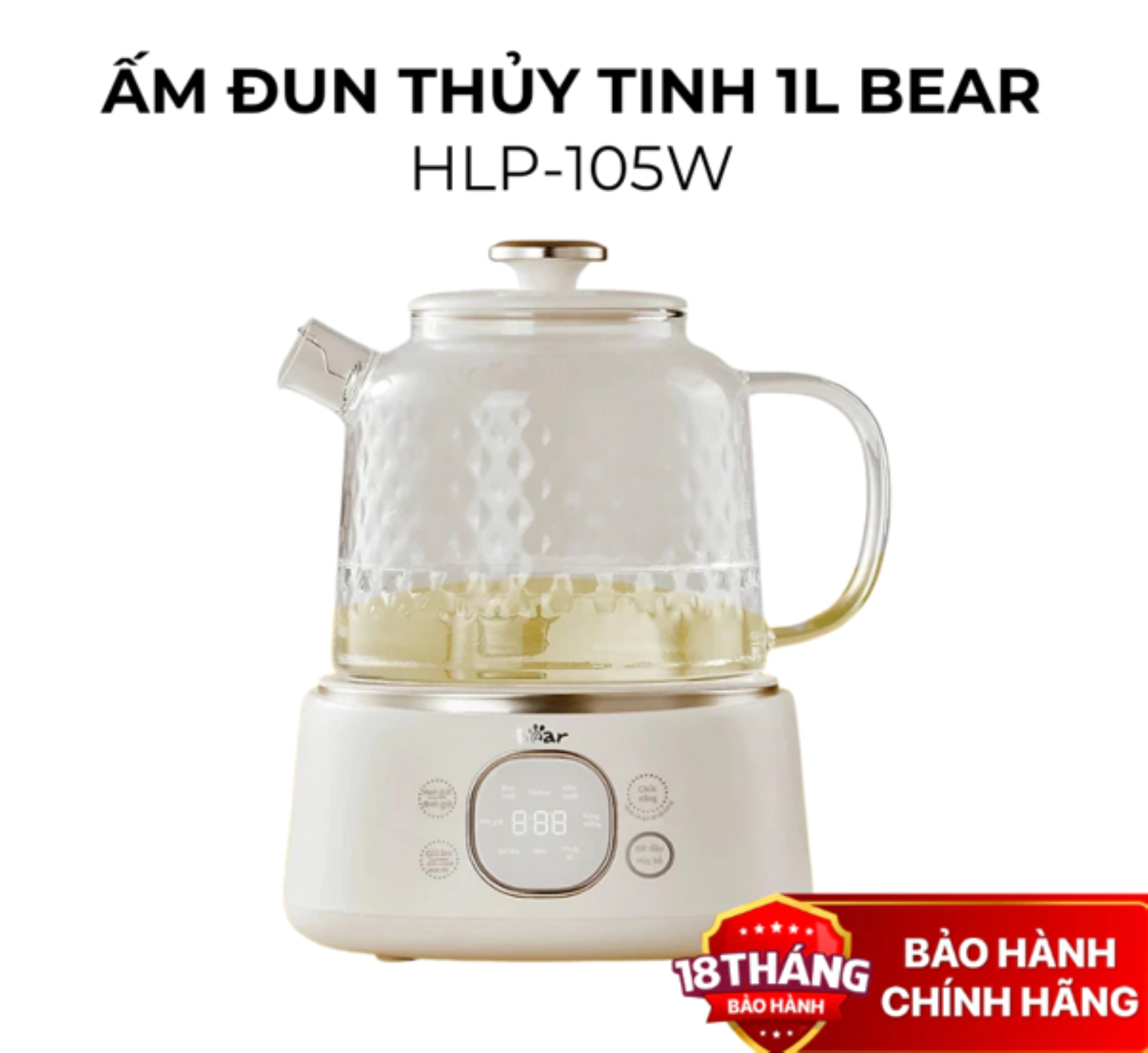 Ấm Đun Thủy Tinh 1L BEAR HLP-105W (YSH-J10D1) - 800W, Pha Trà, An Toàn Tiện Lợi - Hàng Chính Hãng