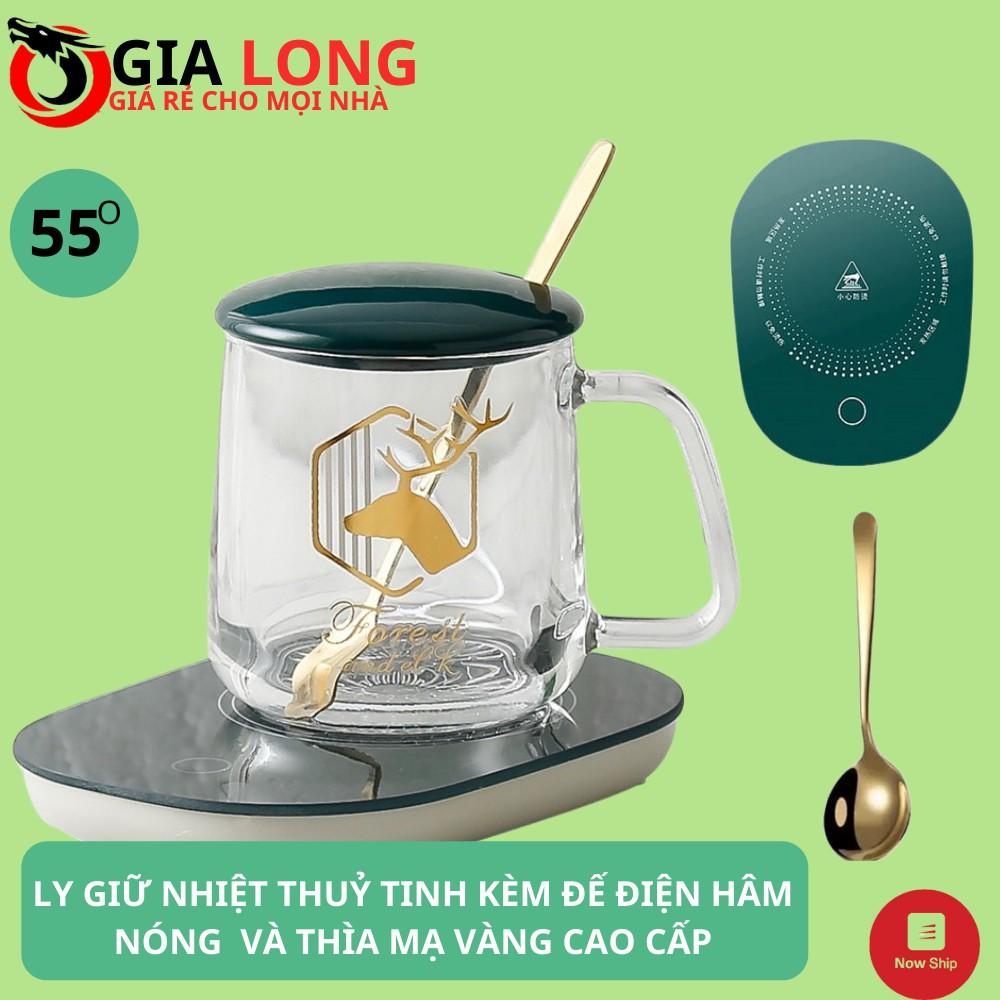 Cốc hâm nóng bằng thủy tinh kèm đế điện, Ly thủy tinh kèm đế điện hâm nóng cafe, sữa, trà Tặng kèm thìa mạ vàng tiện lợi