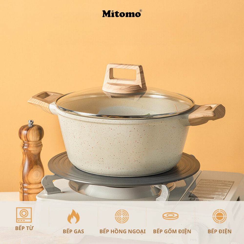 Bộ nồi vân đá chóng dính cao cấp 4 món Mitomo, đúc nguyên khối, nấu trên mọi loại bếp - Hàng chính hãng