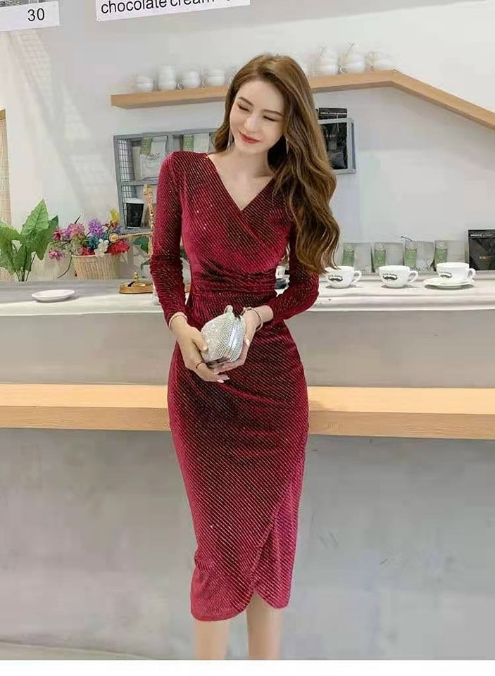 ĐẦM BODY NHUNG KIM SA CỔ ĐẮP CHÉO CAO CẤP