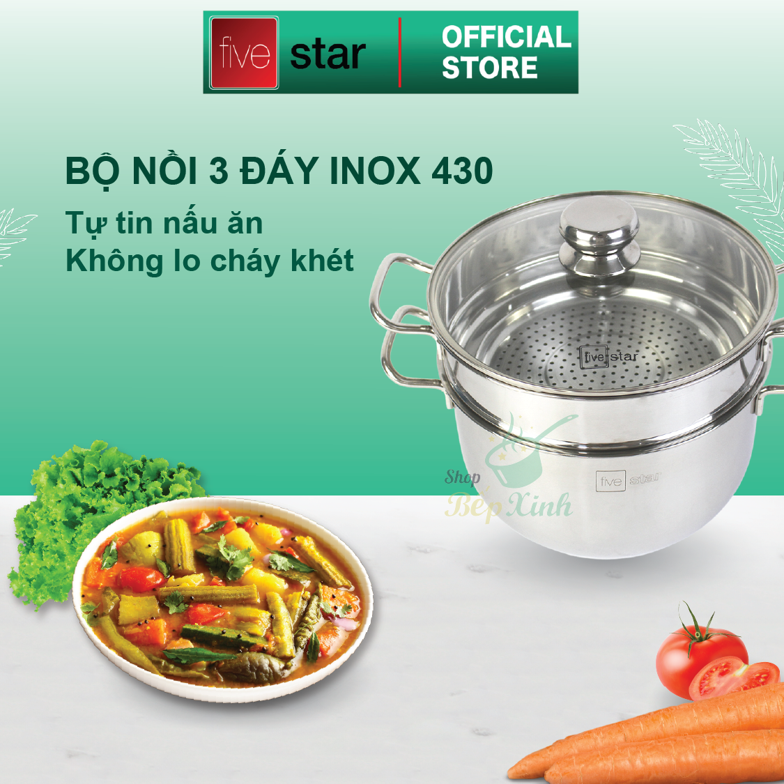 Bộ Nồi Xửng 3 Đáy Nắp Kính Fivestar ST-3DG - Hàng Chính Hãng