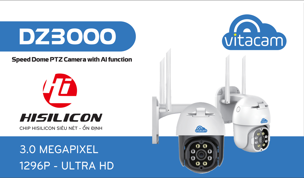 Camera 3MP Wifi IP Ngoài Trời Vitacam DZ3000 PTZ thẻ lưu trữ 32G xoay 355 độ, 3.0 Mpx 1296P hình ảnh ULTRA HD siêu nét-Hàng Chính Hãng