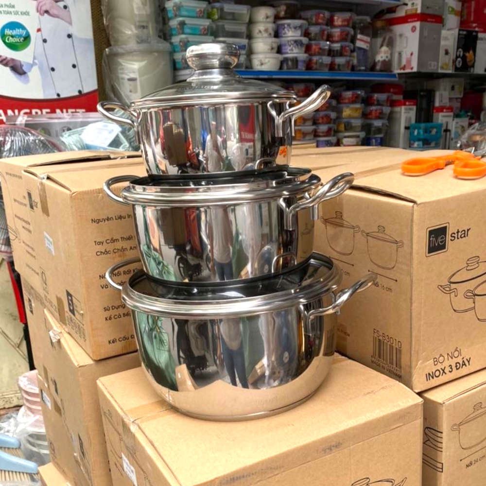 Bộ 3 Nồi Inox 3 Đáy 5 Ngôi Sao Royal Cool vung kính gồm 3 size 16cm, 20cm và 24cm