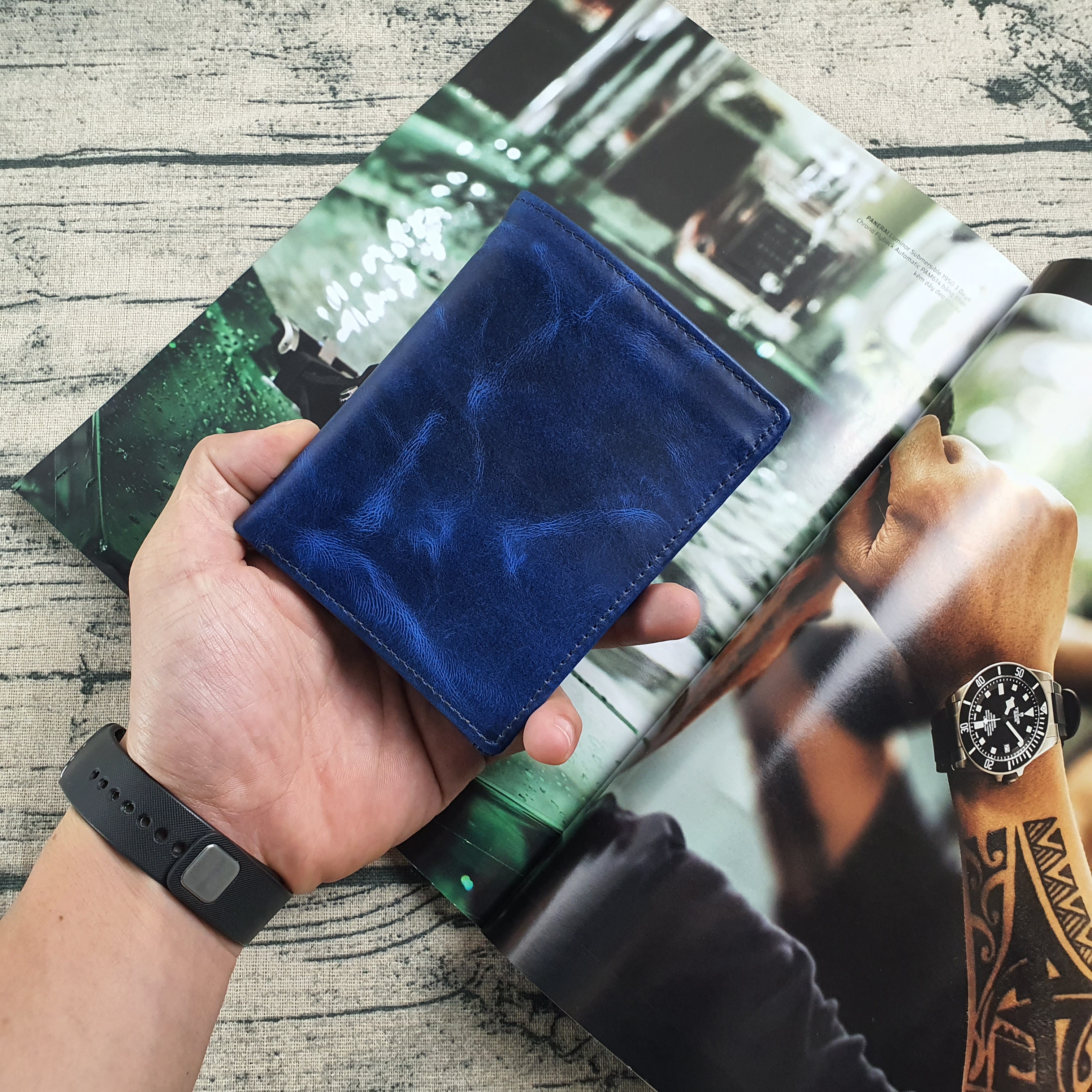 Ví da Pullup wax WS107 Xanh Navy - 100% da bò thật, BH 3 năm