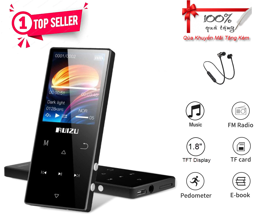 Máy Nghe Nhạc Ruizu D51 - Bộ Nhớ Trong 8Gb, Bluetooth 5.1, Loa Ngoài, Nhạc Lossless, Xem Video, Đa Định Dạng MP3 WAV APE WMA FLAC OGG Văn Bản Hình Ảnh, Màn hình 1.8&quot; Pin Lithium 400mAh 10 Tiếng, Hỗ Trợ Thẻ Nhớ Ngoài 128Gb - Hàng Chính Hãng