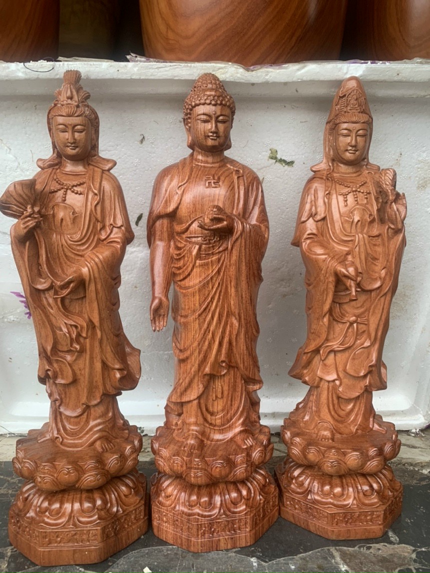 Bộ tam thế phật gỗ hương cao 40 cm